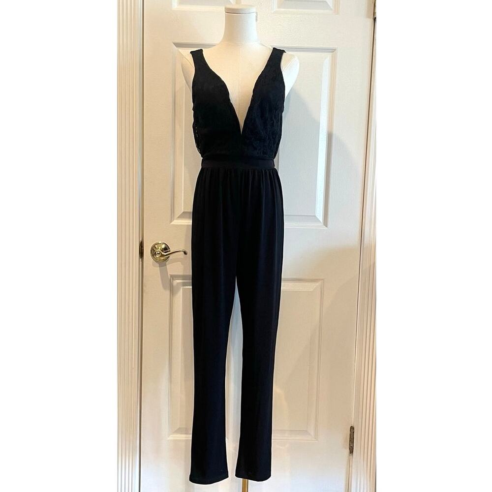 BAILEY BLUE Black Lace Bodice V-Neck Jumpsuit Wedding Guest Cocktail Size Small